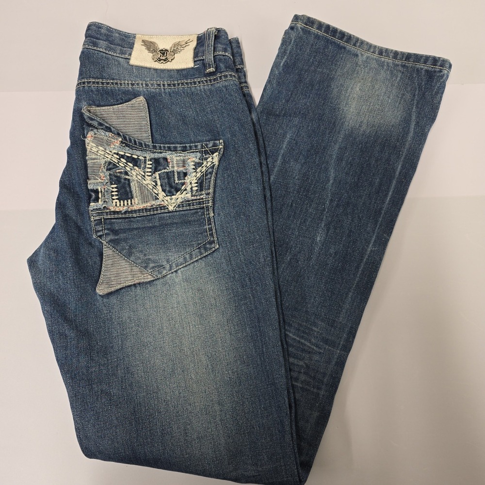 Soul Denim Mens Blue Distressed Embroidered Back Pocket Straight Leg Jeans 32‎